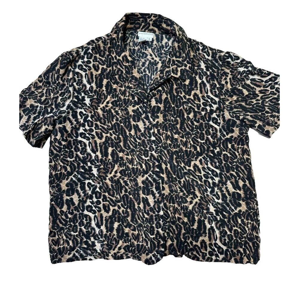 Vintage Silk Blouse Animal Print Button Down Edgy Off Duty Model 80s Oversize L